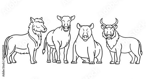 A group of four extinct animals, representing diverse prehistoric fauna in line art