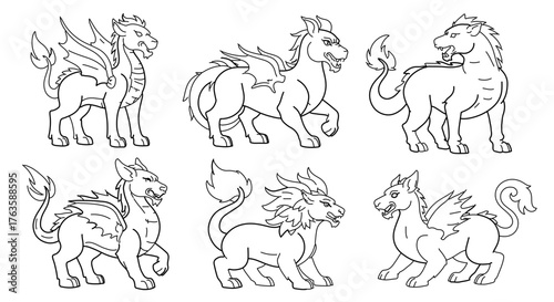 Collection of mythical creatures in black and white for coloring book page