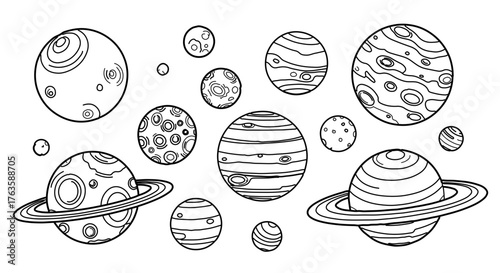 Planets line art, including various planets and moons in a solar system