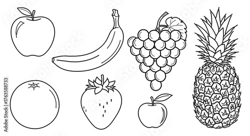 Outline drawing of various fruits, including apples, banana, grapes, and pineapple
