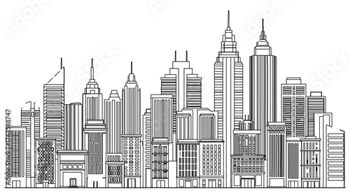 Detailed line art illustration of a city skyline with various skyscrapers