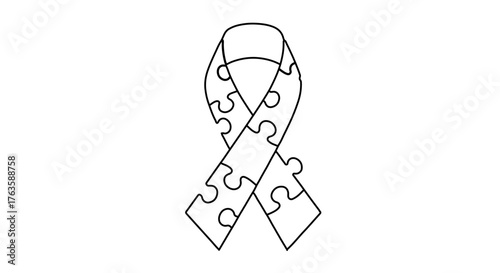 Outlined autism awareness ribbon made of puzzle pieces, symbol of support