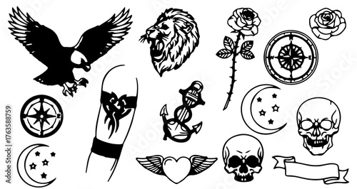 Collection of various tattoo designs, including eagle, lion, rose, skull, and anchor