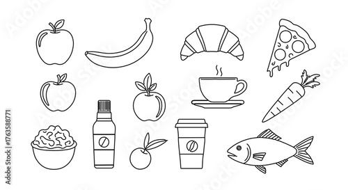 Collection of outlined food and drink icons, representing various dietary choices