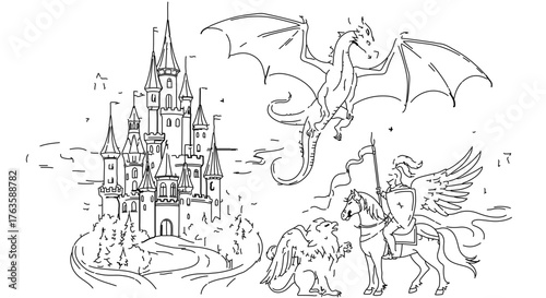 Enchanting fairytale scene features a majestic castle, a winged dragon, and a knight on a pegasus