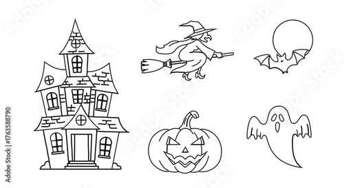 Hand drawn halloween elements haunted house, witch, bat, pumpkin, ghost, vector illustration