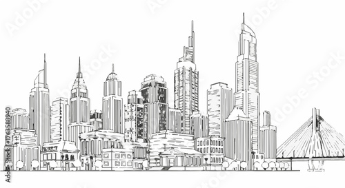 Detailed hand drawn cityscape, showcasing modern architecture and urban landscape
