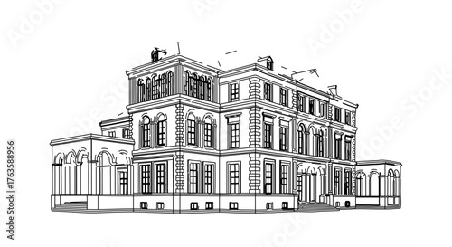 Illustration of a grand mansion, showcasing its architectural details and design elements