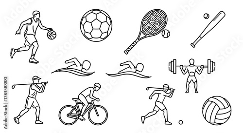 Sports equipment and athlete illustration, showcasing various activities and athletic pursuits