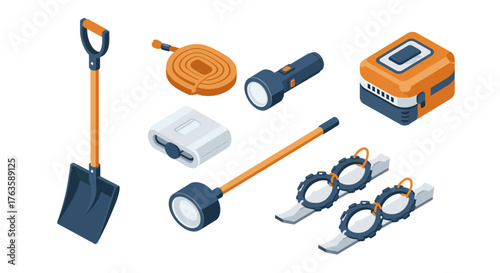 Isometric camping equipment set with shovel, rope, and lanterns