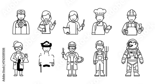Diverse group of professional line art icons representing various occupations