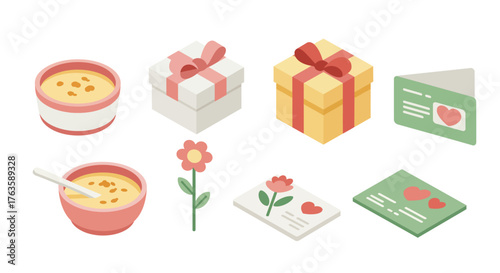 Isometric gift boxes and greeting cards with soup and flowers for celebrations