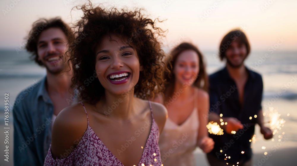 Obraz premium Group of happy friends celebrating on the beach at sunset, holding sparklers and laughing together, ocean waves and golden light in the background, joyful summer evening atmosphere