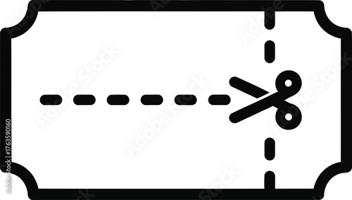 Black Outline Icon of Coupon or Discount Ticket with Dotted Cut Line and Scissors Symbolizing Offer Redemption