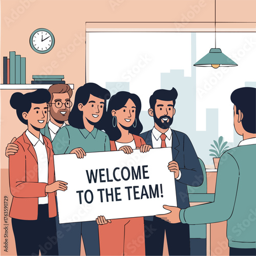 Team members welcome new colleague with a sign in office.