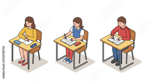 Isometric classroom scene with students writing at desks in school setting