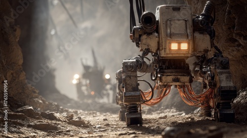 Fototapeta Naklejka Na Ścianę i Meble -  Advanced robot exploring dusty terrain