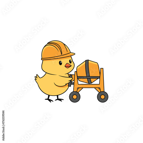 Cute cartoon chick construction worker with a hard hat and cement mixer.