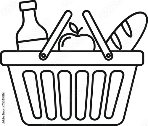 Grocery Shopping Basket Filled With Food Line Art Icon Vector