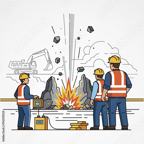 Construction Workers Observing a Controlled Demolition Blast.