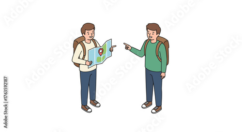Travelers with a map asking for directions in flat style