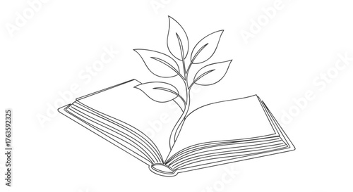 Growing Knowledge An Open Book with a Sprout Depicted in One Continuous Line Art