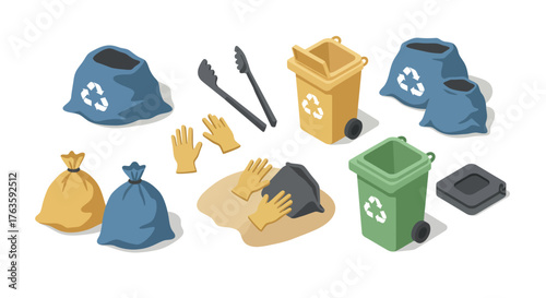 Colorful isometric recycling scene with bins, bags, and tools for waste manag…