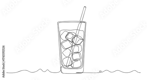 One continuous line art of a refreshing beverage with ice cubes and a straw - minimal design c