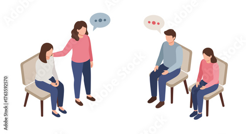 Isometric conversation scene with two pairs of people having dialogue in mode…
