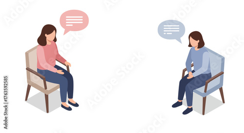 Two women having a conversation in isometric style with speech bubbles