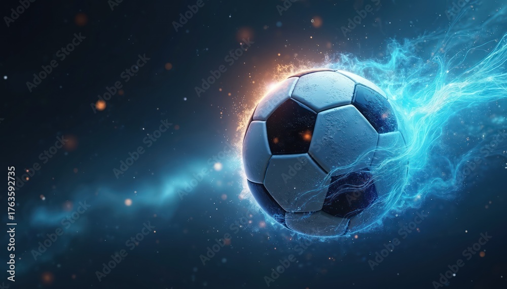 Naklejka premium Soccer ball surrounded by vibrant energy. Football in dynamic motion with blue and orange flares. Illustration sports competition. Abstract sports concept with modern tech design.
