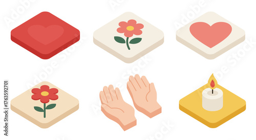 Isometric icons of love, flowers, and spirituality in soft colors