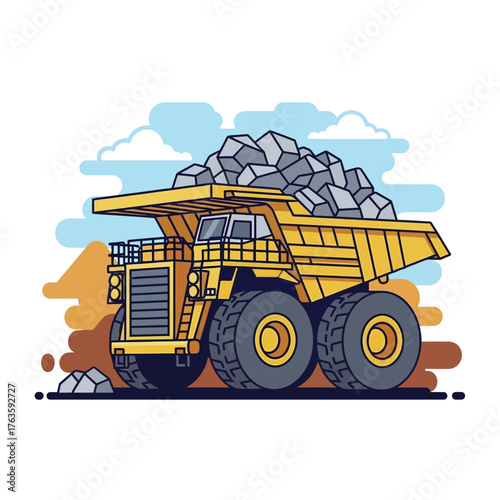Heavy duty mining truck transporting rocks in a quarry environment.