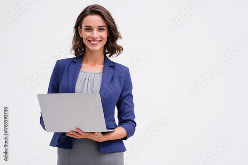 a happy young woman holding a laptop computer, isolated on a white background