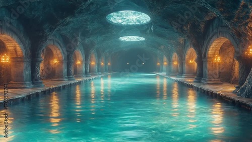 Enchanted underground waterway with glowing lights