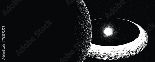 Stars and exoplanet in outer space. Futuristic landscape, with noise texture . Night landscape with starry sky .Vector illustration