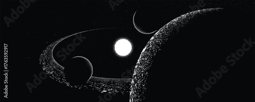 Stars and exoplanet in outer space. Futuristic landscape, with noise texture . Night landscape with starry sky .Vector illustration