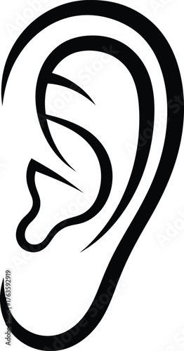 Stylized Abstract Human Ear Icon Vector Black and White Minimalist Line Art Symbol