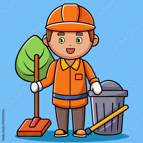 Cartoon Cleaner with Broom and Trash Can on Street