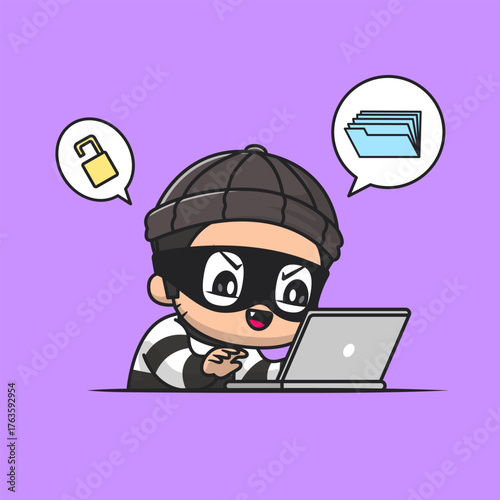 Cute Thief Hacker Operating Laptop Cartoon