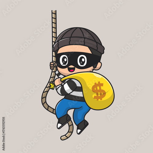 Cute Thief Stealing Money Using Rope Cartoon