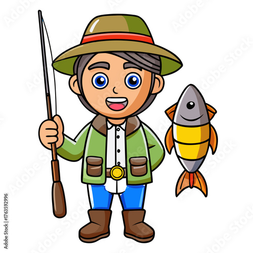 Cartoon Fisherman with Hat and Caught Fish Smiling Happily