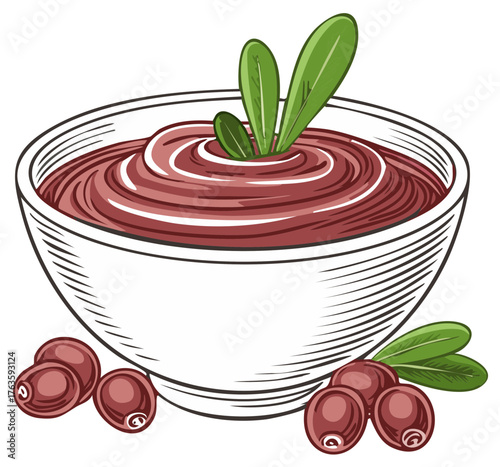 Artistic illustration of cranberry sauce in a bowl with cranberries and greens displayed.