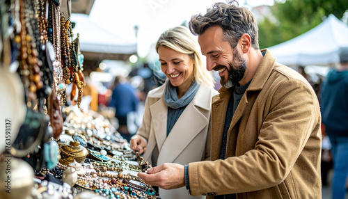 Happy couple shopping together at outdoor flea market