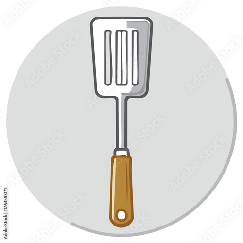 Slotted metal kitchen spatula with brown wooden handle cooking utensil cartoon illustration