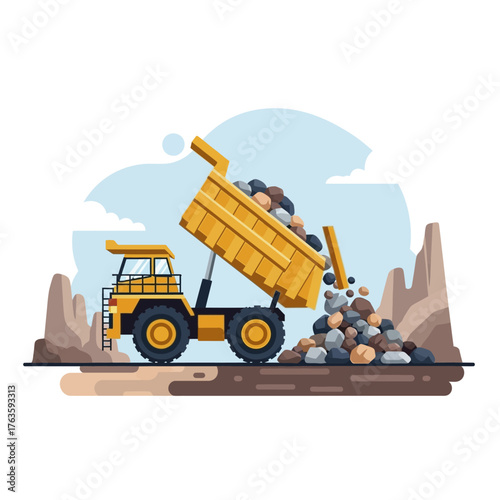 Heavy duty yellow dump truck unloading a pile of rocks.