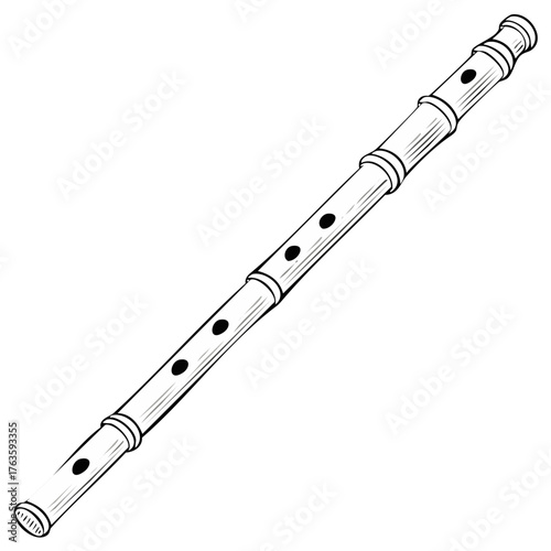 Line drawing of a traditional bamboo flute with finger holes, isolated
