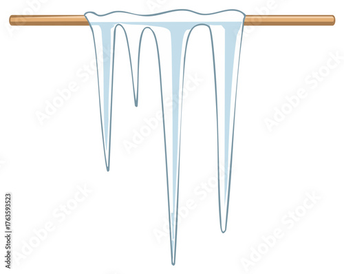 Illustrative icicles hanging from a wood surface, frozen winter ice formation, clear pointy frost drop, icy season ornament, clipart