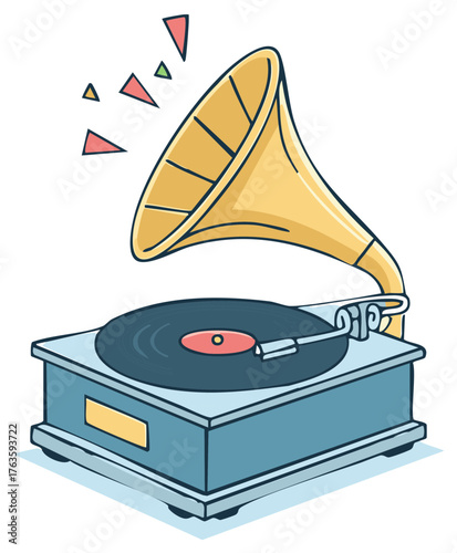 Vintage cartoon gramophone playing music on a classic vinyl record illustration