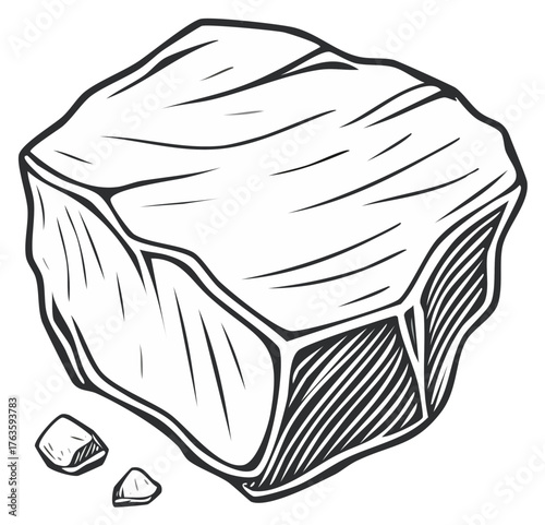 Rough natural stone block with small broken fragments black and white outline illustration